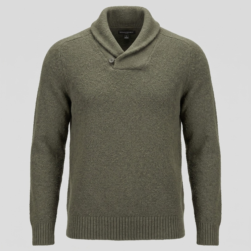 Banana Republic Mens Large Olive Green Sweater Shawl Collar Button Cotton Blend
